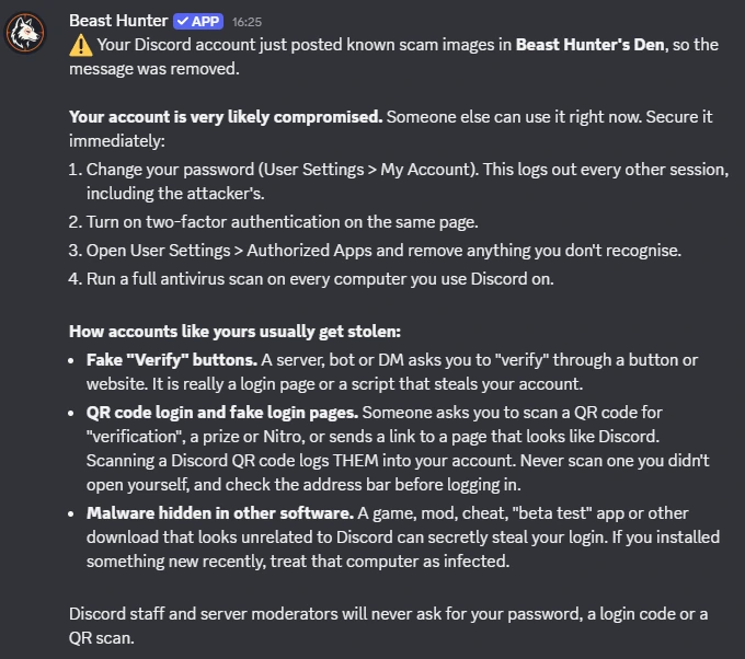 The DM Beast Hunter sends: your account just posted known scam images and is very likely compromised, followed by steps to secure it and how accounts usually get stolen