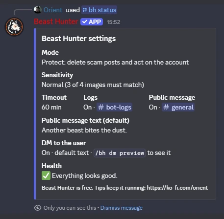 Beast Hunter's reply to /bh status: Protect mode, Normal sensitivity, 60 minute timeout, logs and public message on, and the health check saying everything looks good